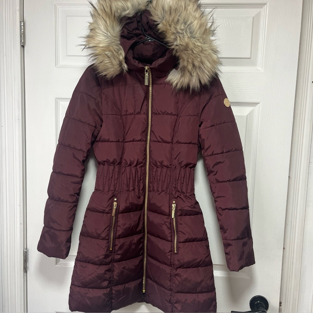 Laundry By Shelli Segal Burgundy Puffer Coat with Removable Faux Fur Hood